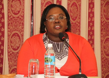 Junior Minister responsible for Social Development in the Nevis Island Administration Hon. Hazel Brandy-Williams makes her presentation at the town hall meeting held on November 07, 2013